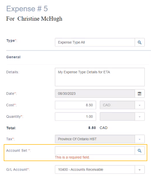 Expense page Account Set field