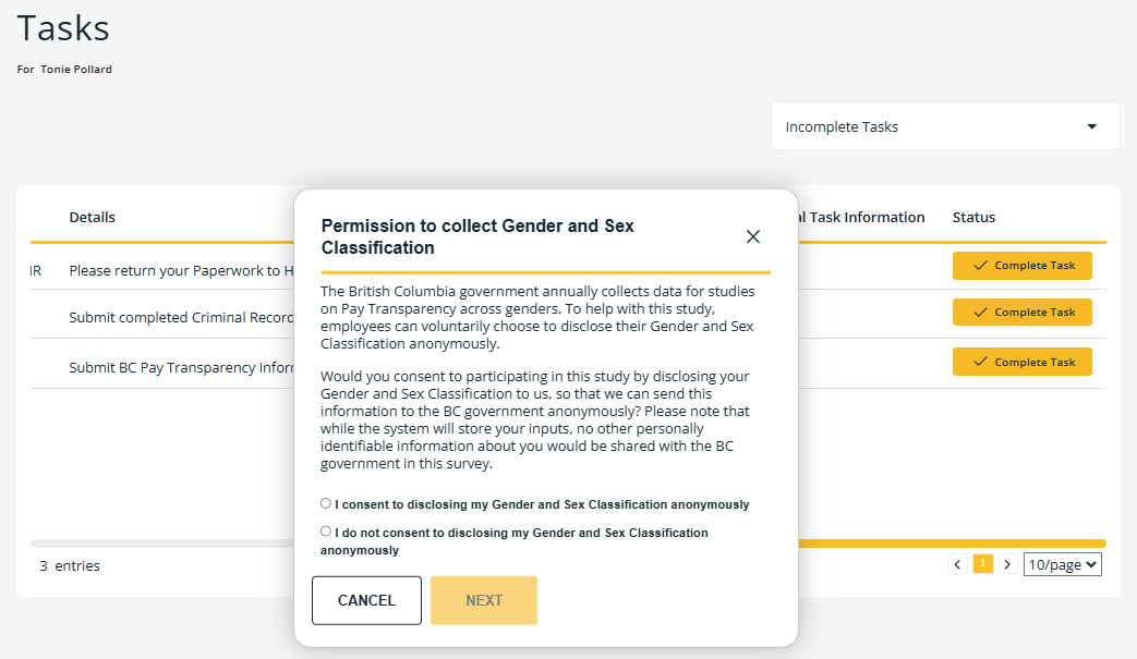 Permission to collect Gender and Sex Classification dialog box