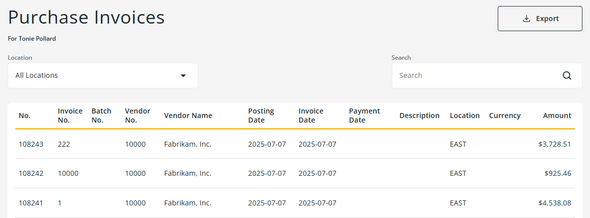 Purchase Invoices page