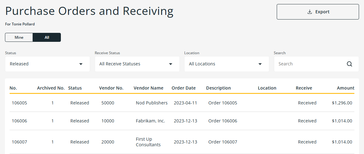 Purchase Orders and Receiving page
