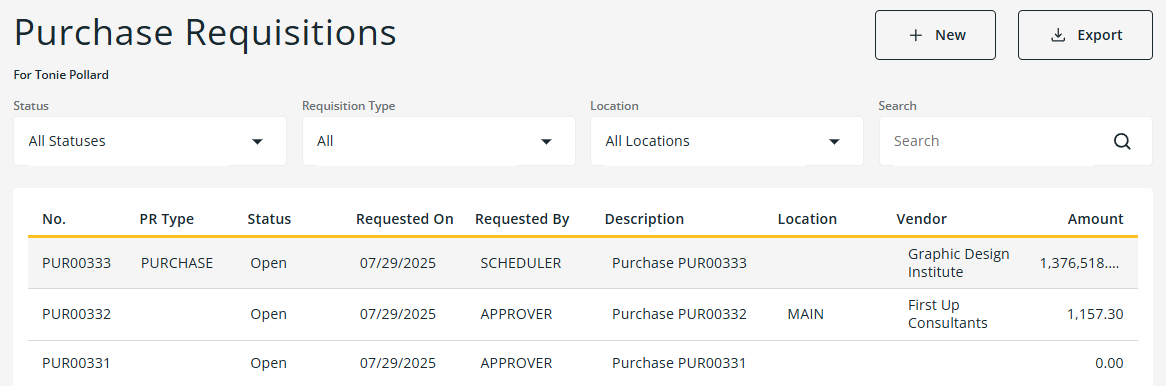 Purchase Requisitions page