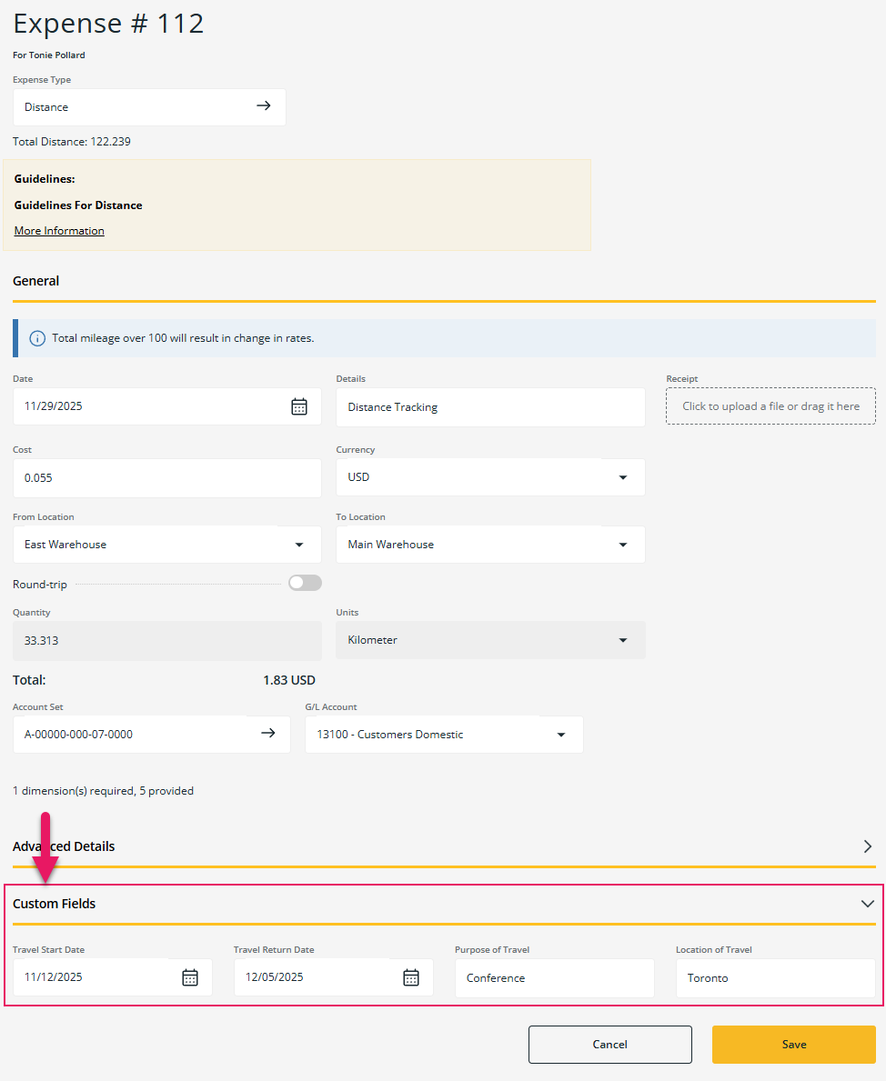 Expense page - Custom Fields tab