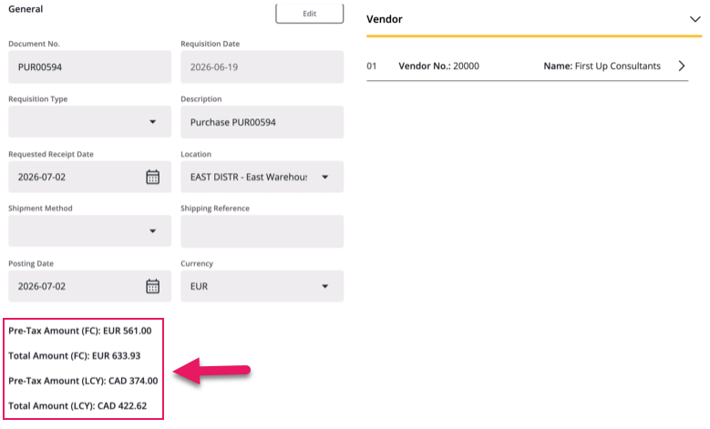 Purchase Requisition and Payment Request pages foreign currency and local currency field examples