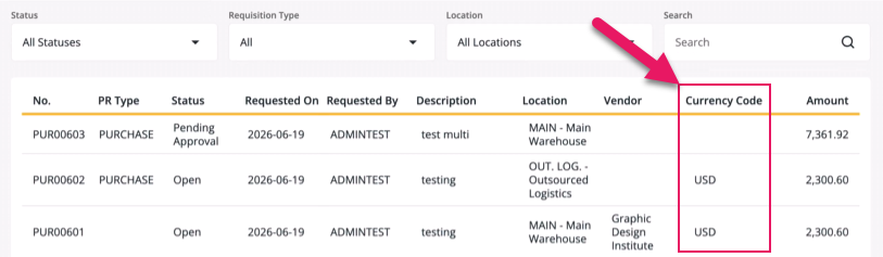 Purchase Requisitions and Payment Requests pages Currency Code column