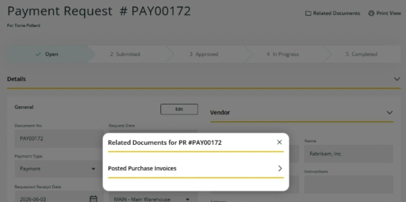 Payment Request page Related Documents dialog box