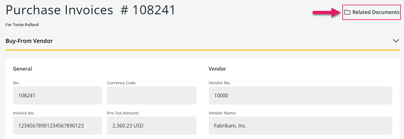 Purchase Invoices page Related Documents button