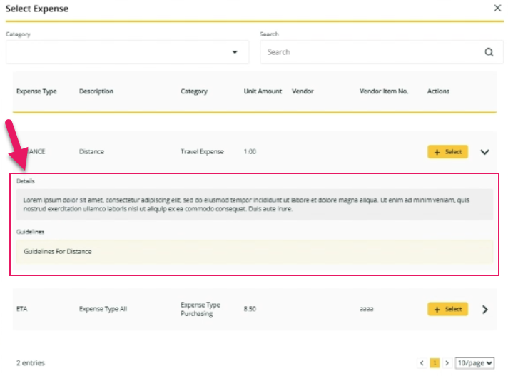 Select Expense dialog box Details and Guidelines fields
