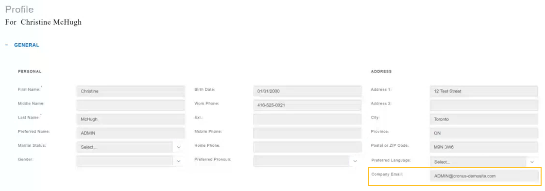 Profile page Company Email field