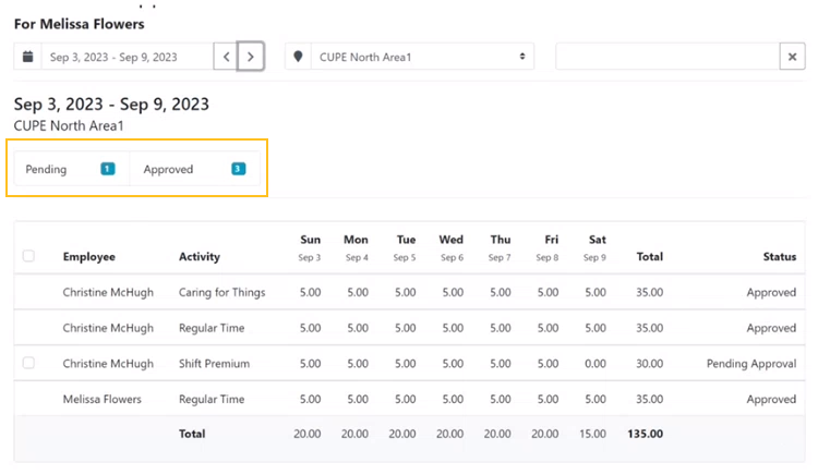 Timesheet Approvals page Pending and Approved buttons