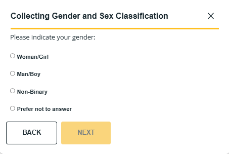 Collecting Gender and Sex Classification dialog box page 1