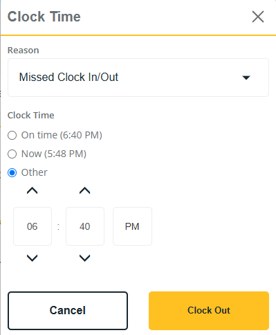 Unit Schedule page Clock Time dialog box Other option