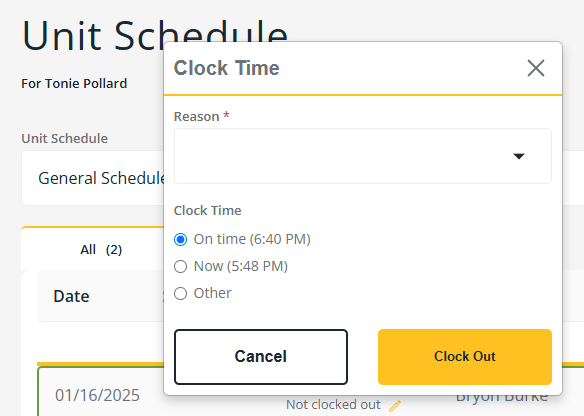 Unit Schedule page Clock Time dialog box