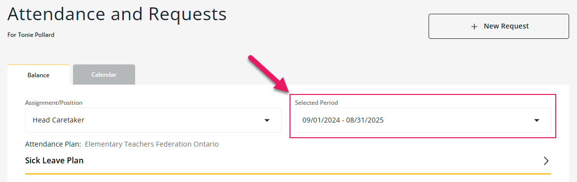 Attendance and Requests page Selected Period field