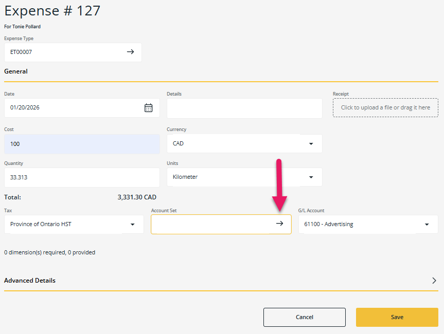 Expense page Account Set field lookup