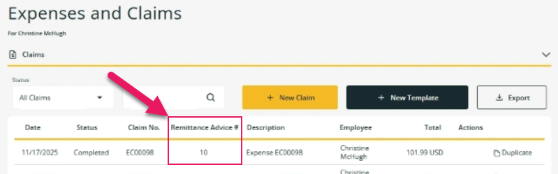 Expenses and Claims page - Remittance Advice No. field