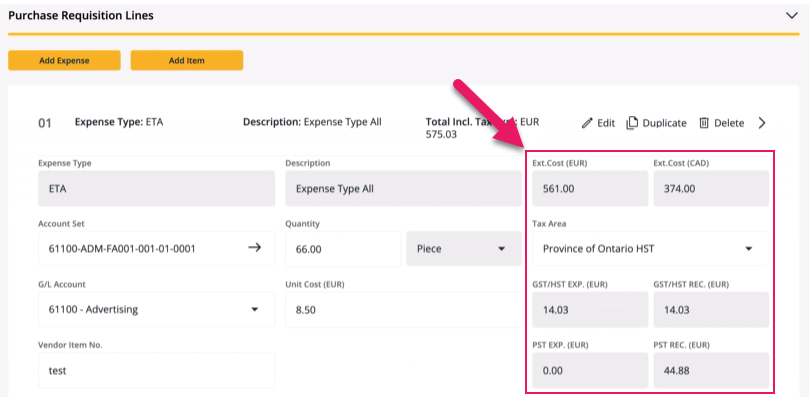 Purchase Requisition Lines foreign currency and local currency field examples