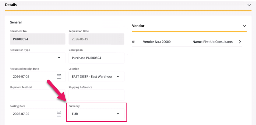 Purchase Requisition and Payment Request pages Currency field
