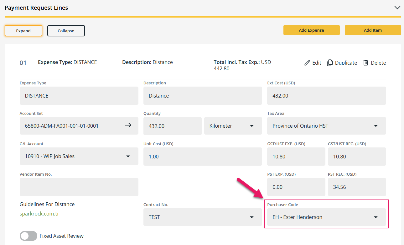 Payment Request page Purchaser Code field