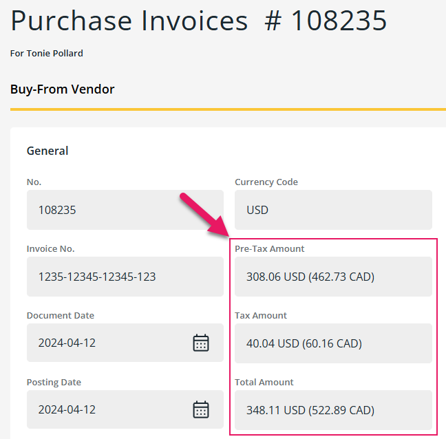 Purchase Invoices page currency code and amount example