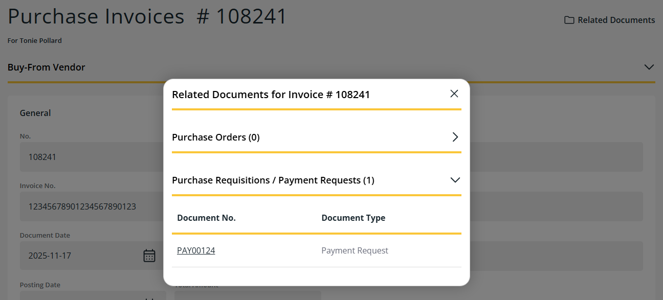 Purchase Invoices page Related Documents for invoice # dialog box