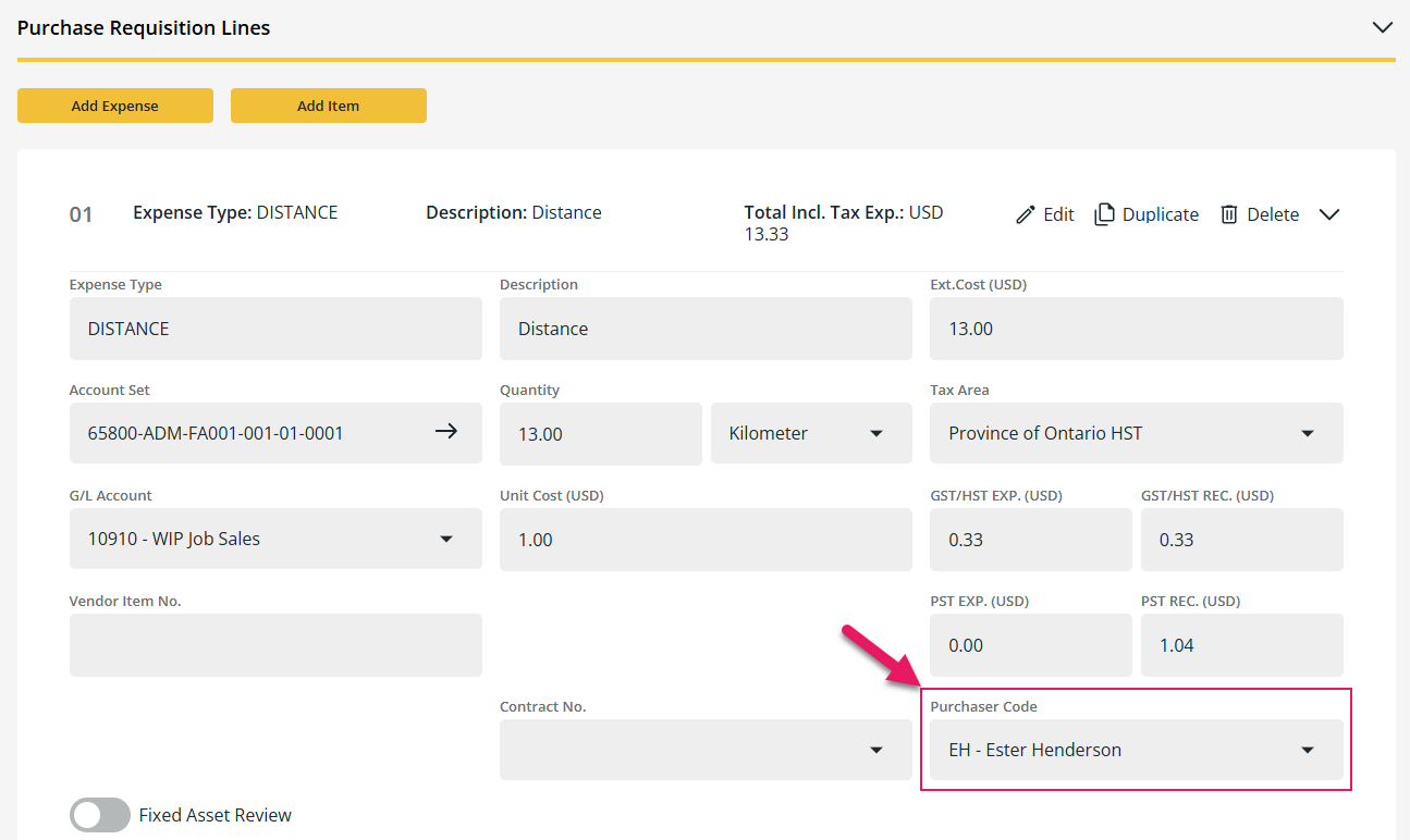Purchase Requisition page Purchaser Code field