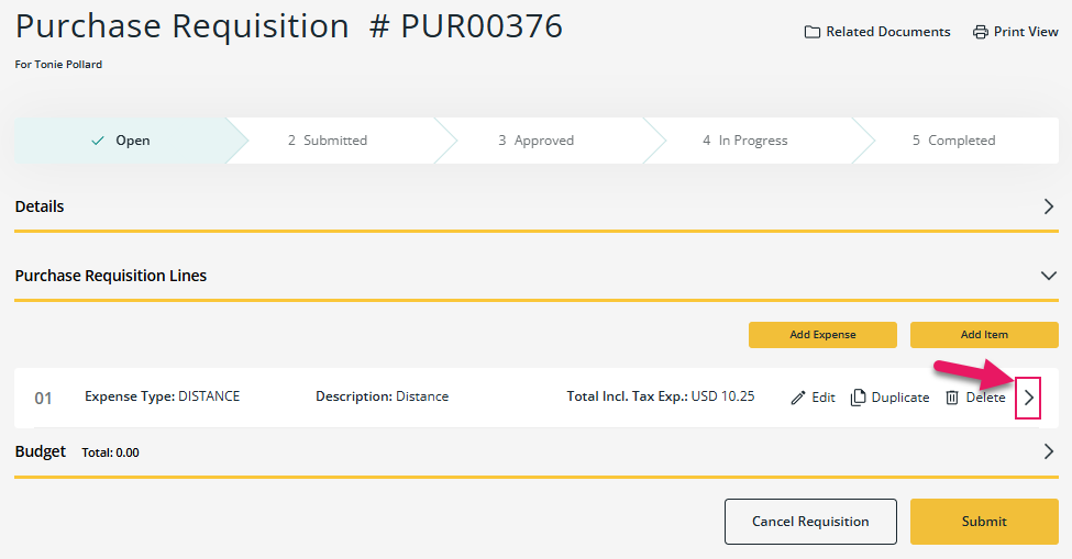 Purchase Requisition page collapsed expense example