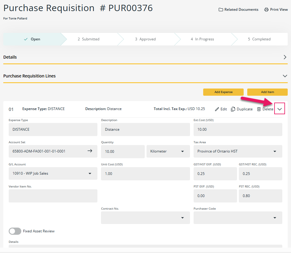 Purchase Requisition page expanded expense example