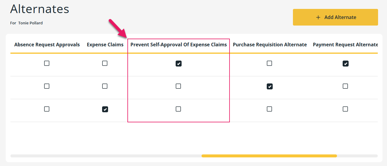 Alternates page Prevent Self-Approval of Expense Claims field