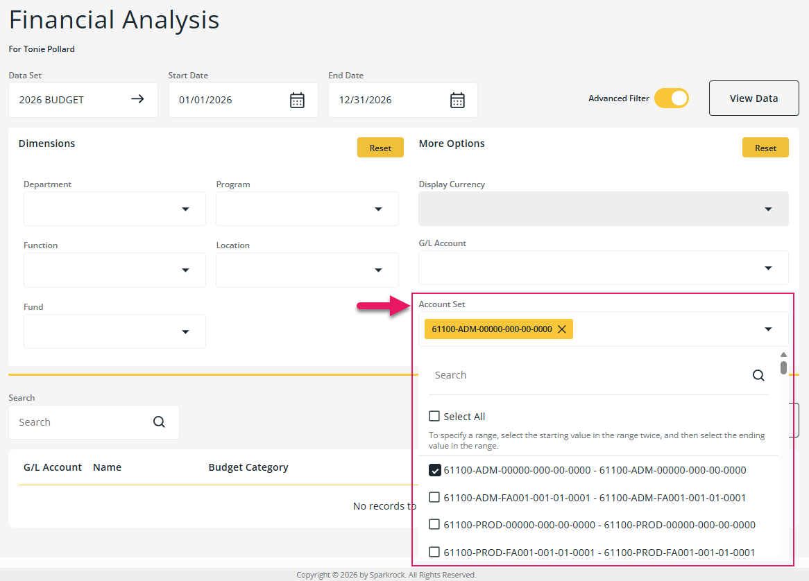 Financial Analysis page Account Set filter