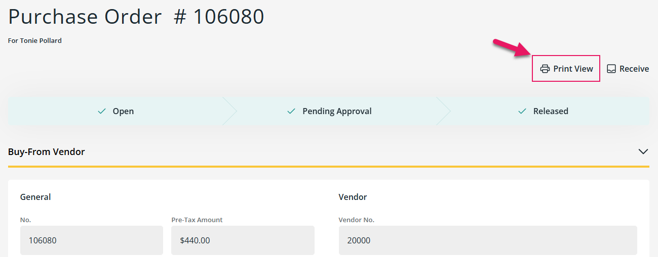 Purchase Order page Print View button