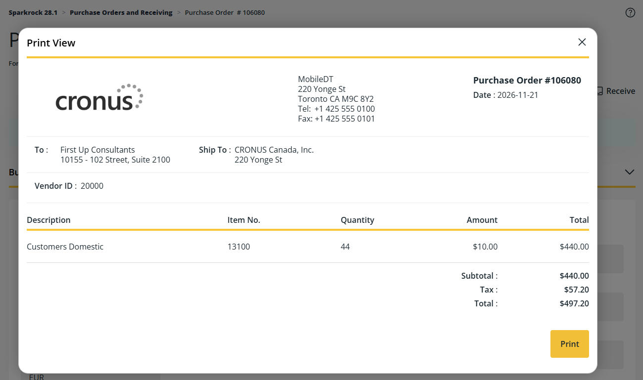 Purchase Order page Print View dialog box