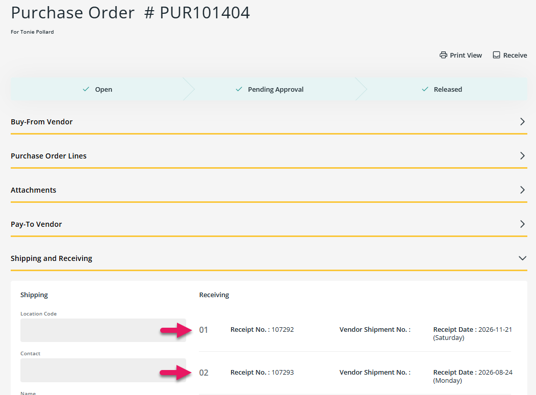 Purchase Order page Shipping and Receiving tab Receiving section