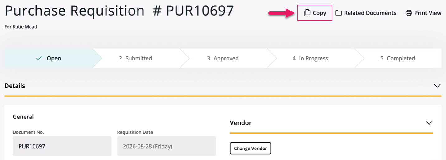 Purchase Requisition page Copy button