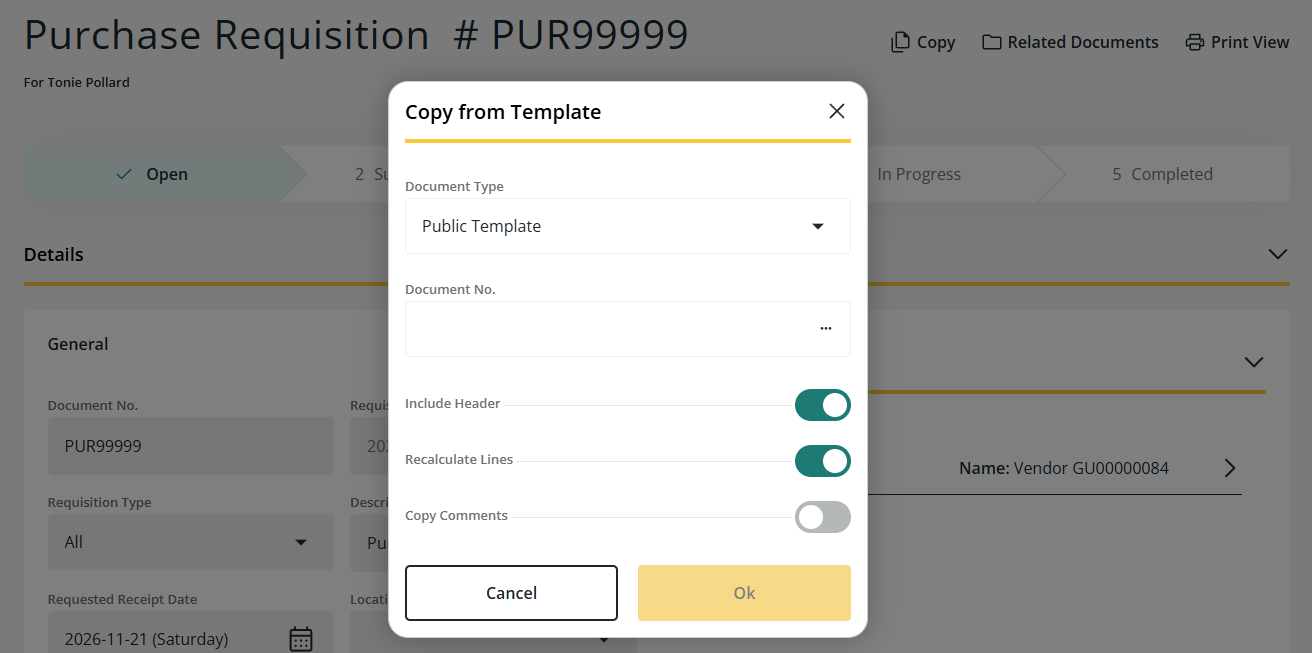 Purchase Requisition page Copy from Template dialog box