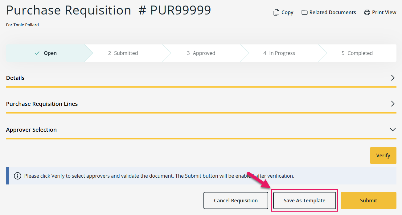 Purchase Requisition page Save As Template button
