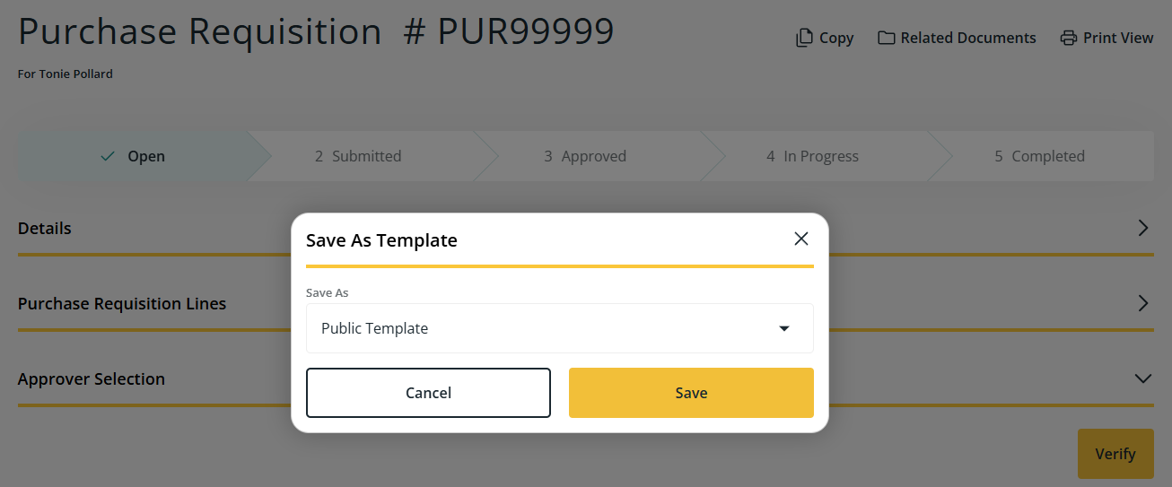 Purchase Requisition page Save As Template dialog box