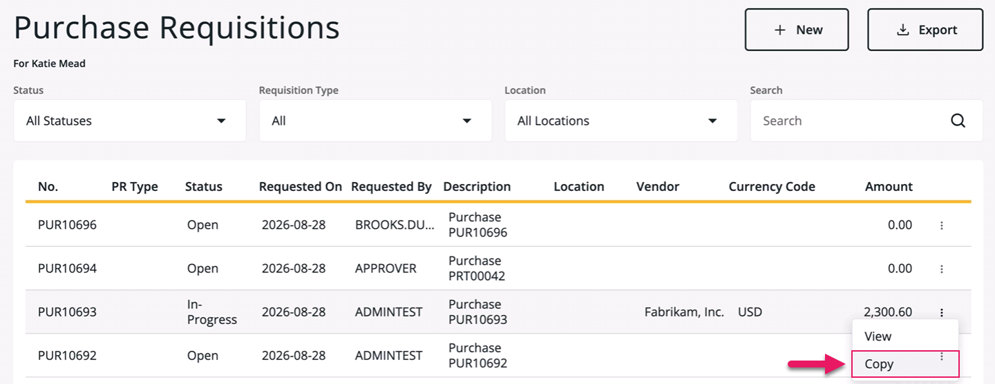 Purchase Requisitions page Copy action