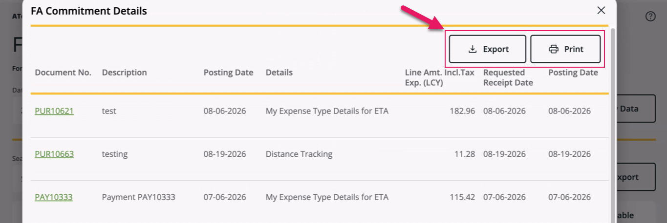 FA Commitment Details dialog box showing Export and Print buttons above the entries table