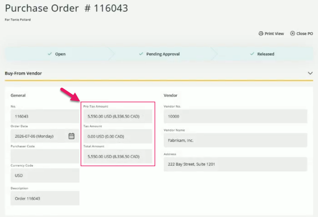 Purchase Order Detail view showing Pre-Tax Amount, Tax Amount, and Total Amount fields displaying amounts in USD with the CAD equivalent in parentheses