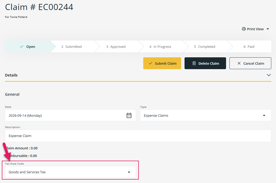 Claim page Tax Area Code field