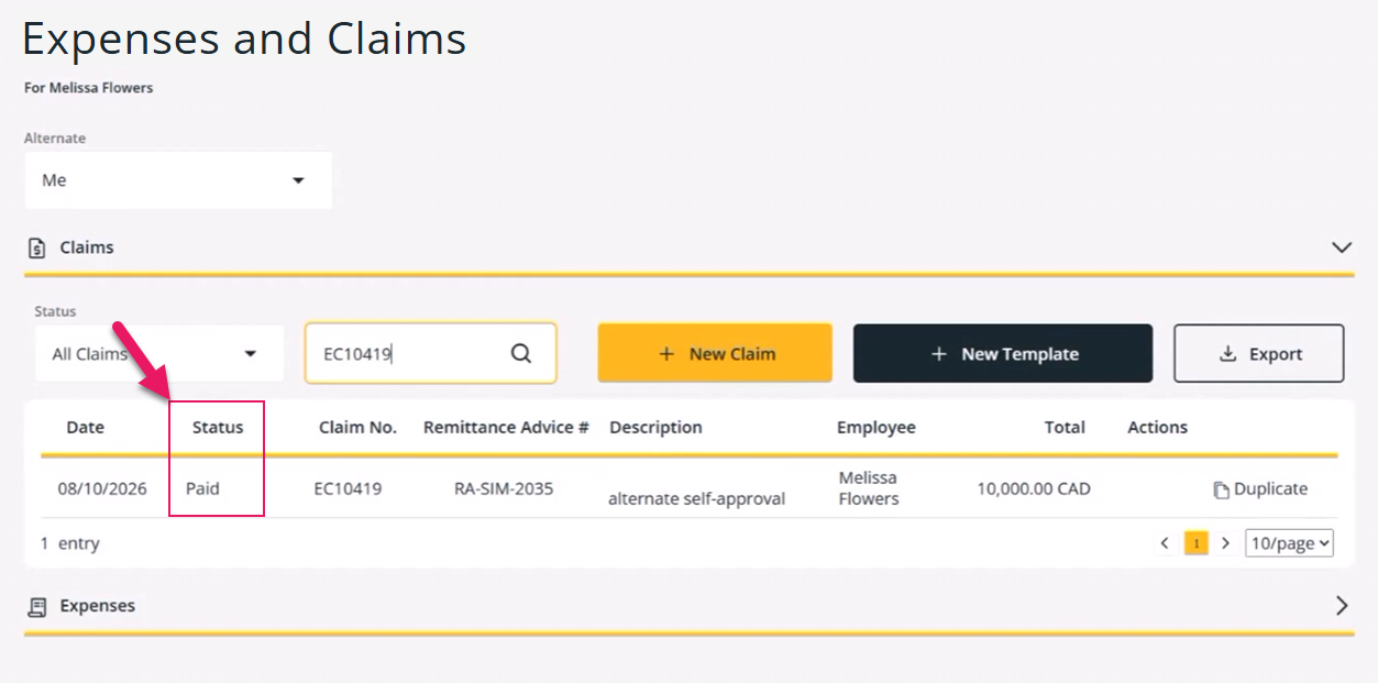 Expenses and Claims page Status field