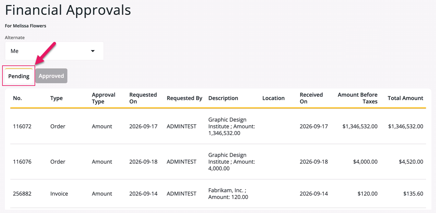 Financial Approvals page Pending view