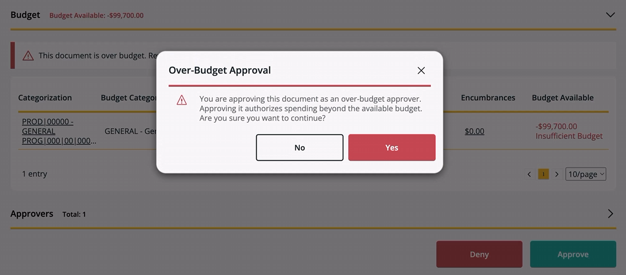 Over-Budget Approval warning