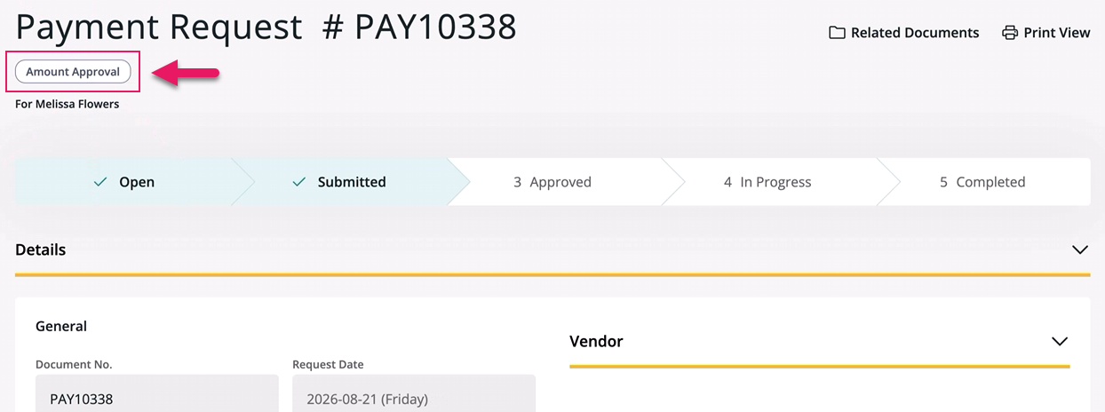 Payment Request page Amount Approval badge