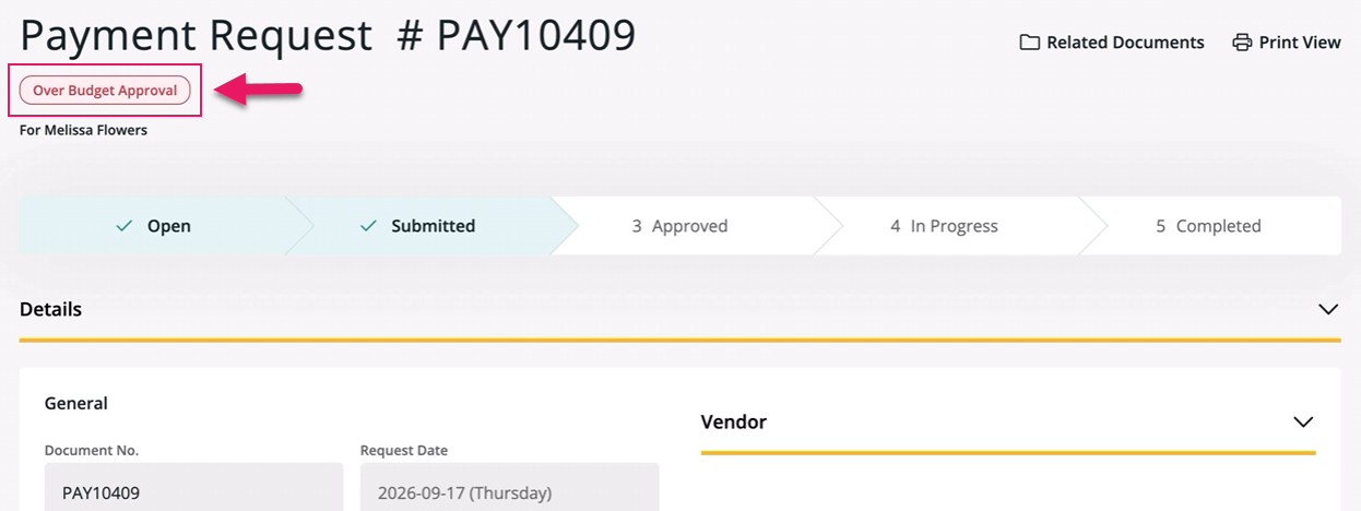 Payment Request page Over Budget Approval badge