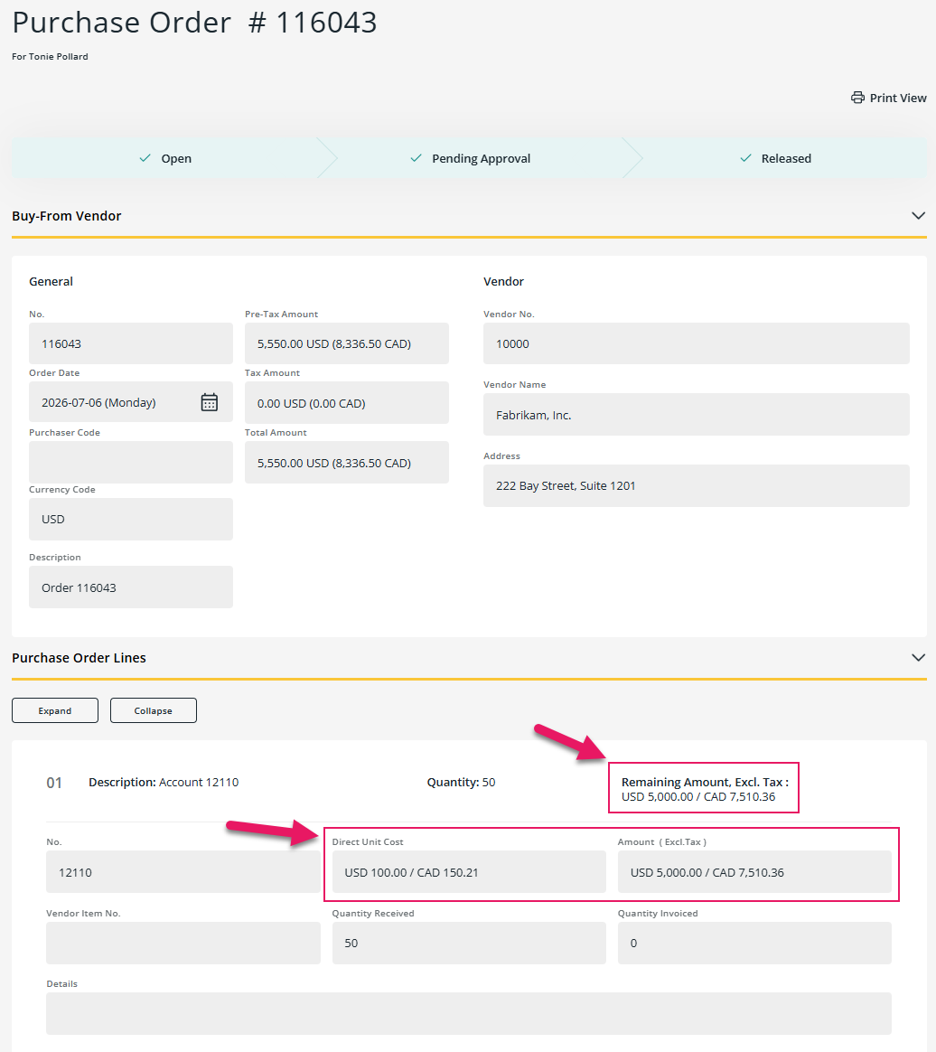Purchase Order page Purchase Order Lines tab dual currency fields