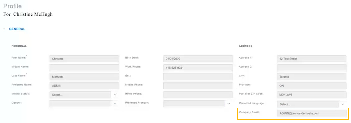 Page Profil champ Courriel de la compagnie