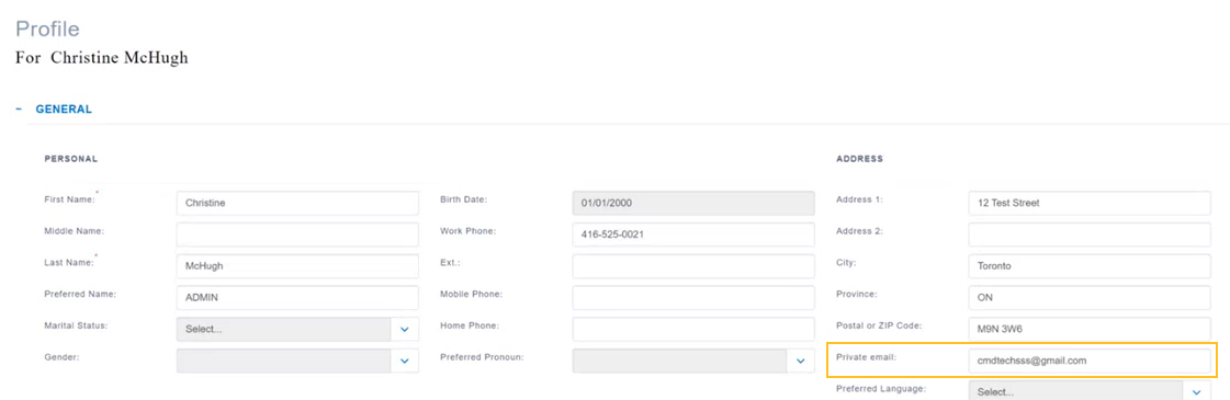 Page Profil champ Courriel priv&eacute;