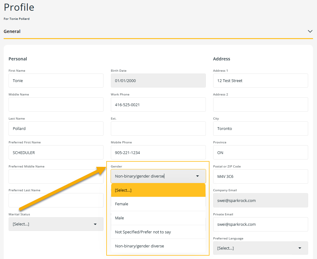 Page Profil champ Genre