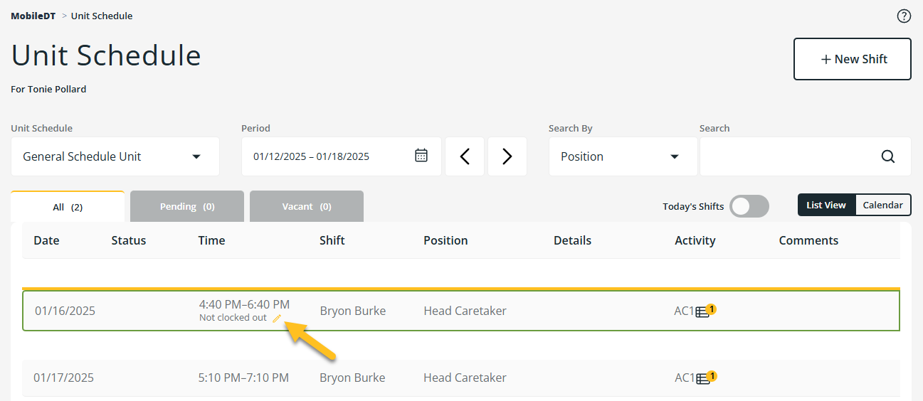 Page Calendrier d'unit&eacute; bouton Modifier d&eacute;part pointeuse